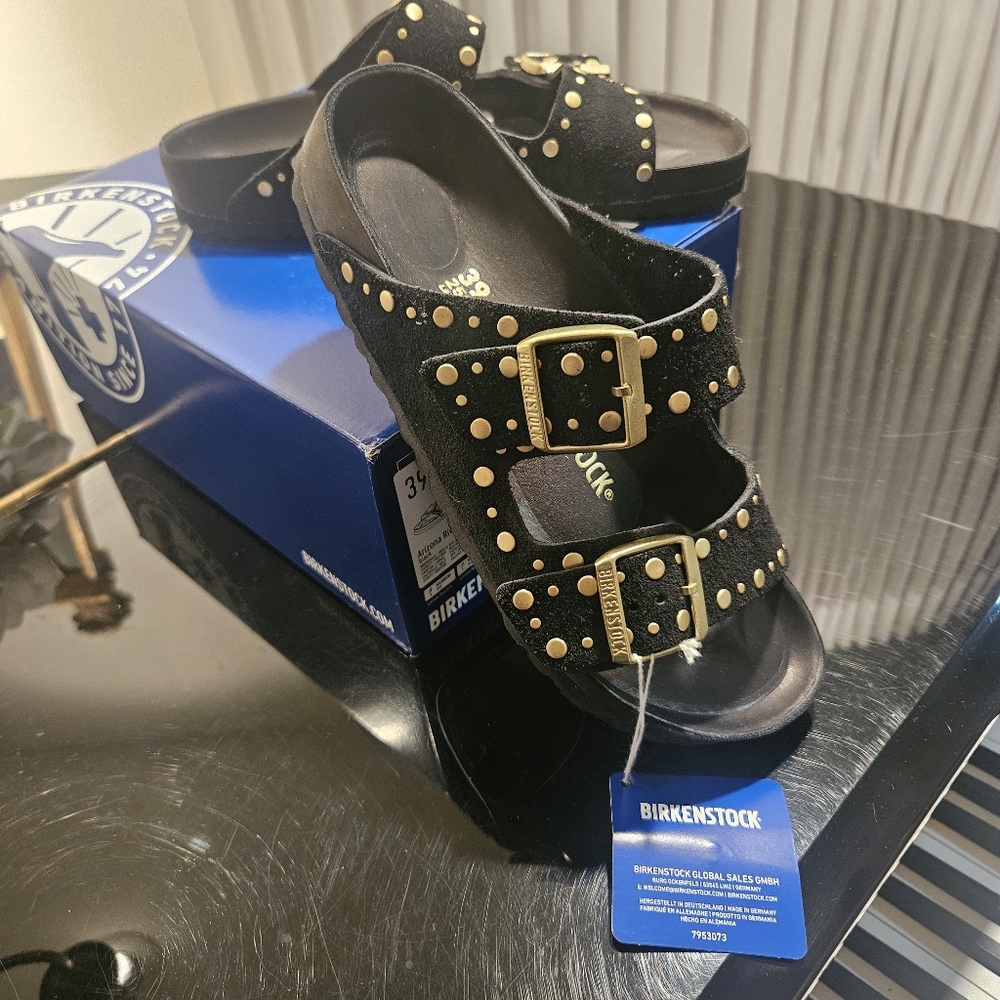 NEW Birkenstock Arizona Black Suede Rivets Slide - Gold-Tone Embellished Studs